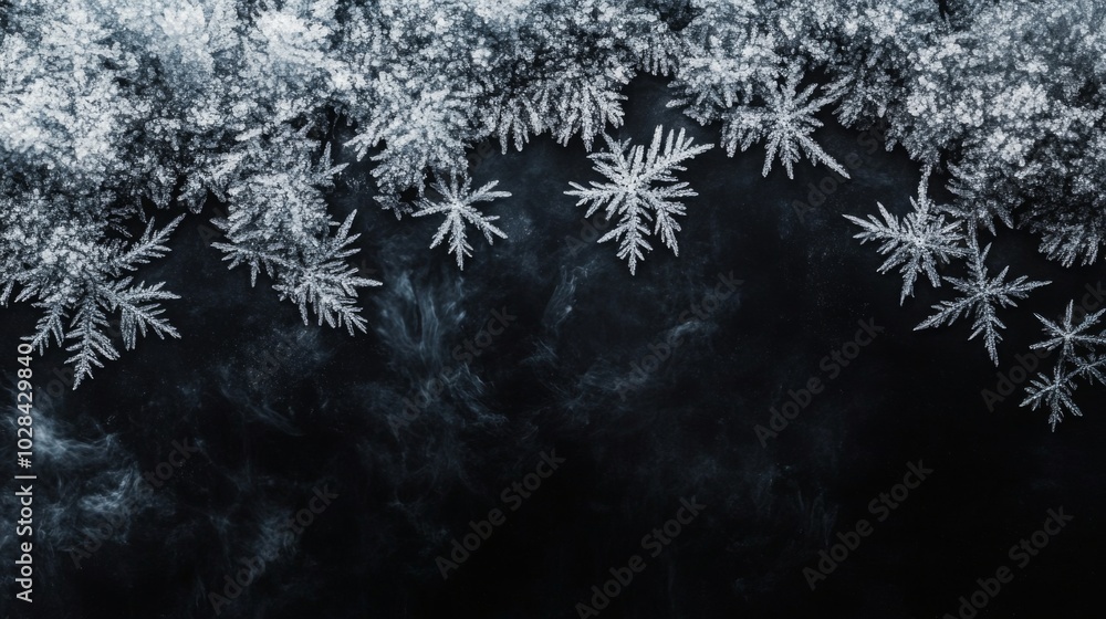 Frosty pattern frame on a black background. Winter overlay design with place for text. Frost on the glass, freezing effect. Christmas crystals concept copy space banner. Frosty pattern frame on a black background. Winter overlay design with place for text. Frost on the glass, freezing effect. Christmas crystals concept copy space banner.
