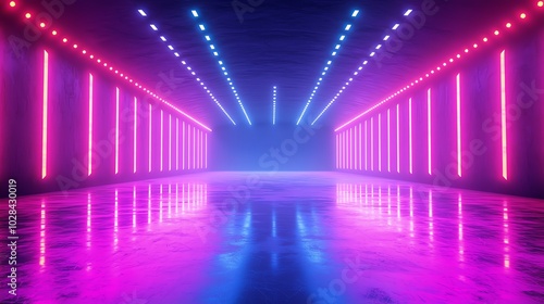 Hockey arena with ice rink, vibrant lights, 3D illustration