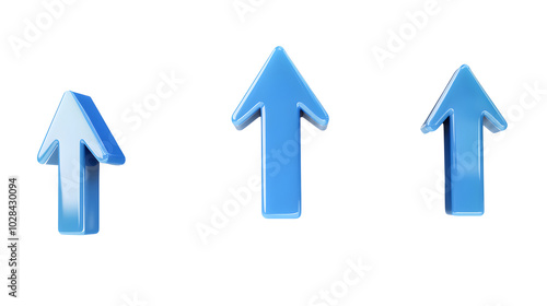 Collection of blue arrow up 3d icon cartoon style floating on transparency background PNG