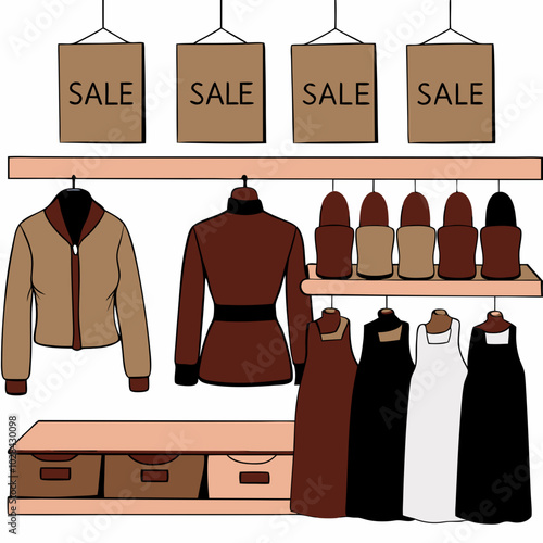 Illustration of a clothing rack with "Sale" signs and various garments on display
