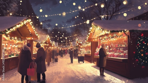 Bustling holiday market, vintage stalls, garlands glow with hundreds of bulbs, festive decorations against backdrop of evening sky. Happy people stroll through the market, buying Christmas present