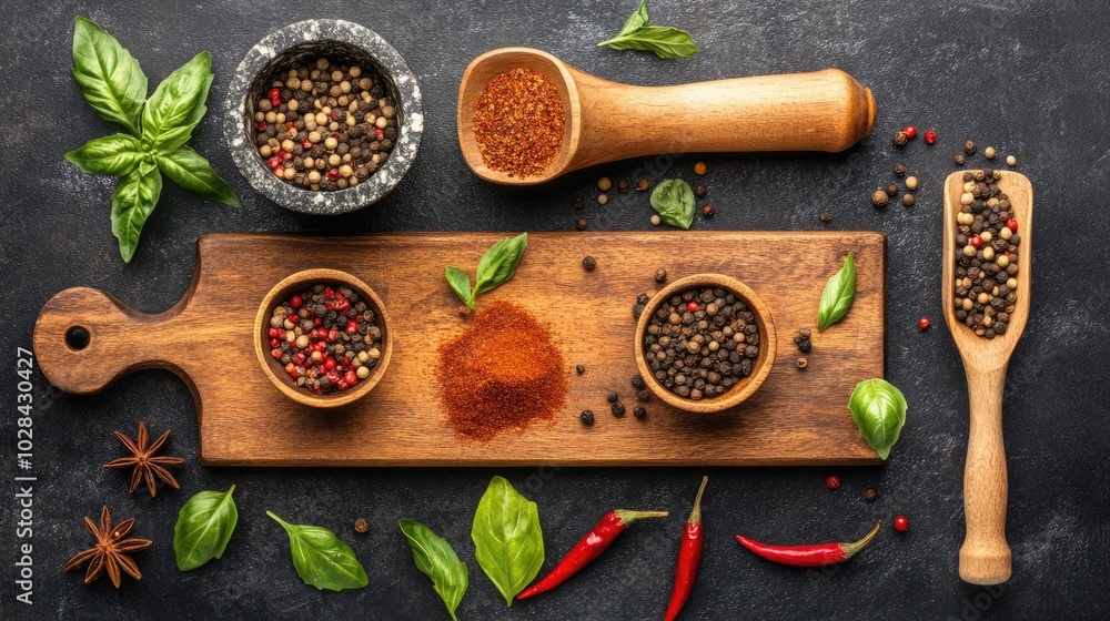 Colorful Spices and Herbs on Wooden Board Display Colorful Spices and Herbs on Wooden Board Display