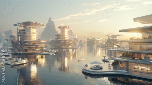 Futuristic Cityscape with Floating Buildings and Boats at Sunset photo