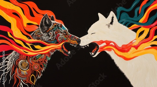 Inner Wolves Dance: Two wolves locked in an intricate dance, with ribbons of energy wrapping around them photo