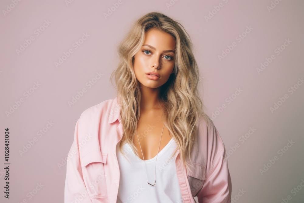 A blonde woman is wearing a pink jacket and white shirt A blonde woman is wearing a pink jacket and white shirt