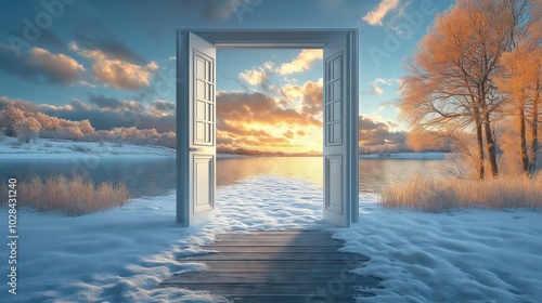 Open Door to Snowy Sunset by the Lake photo