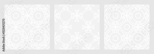 Set of seamless gray patterns of circles arcs lines to create fabric and wallpaper, easy background for Christmas card. Geometric white shapes in trendy retro style for cover decoration.