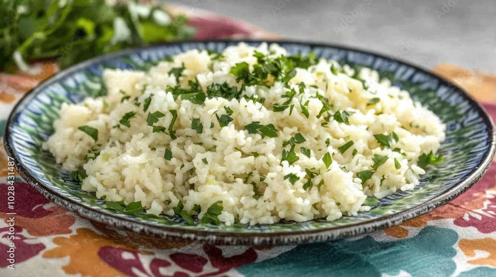 Fresh Herb Rice on Decorative Plate Fresh Herb Rice on Decorative Plate
