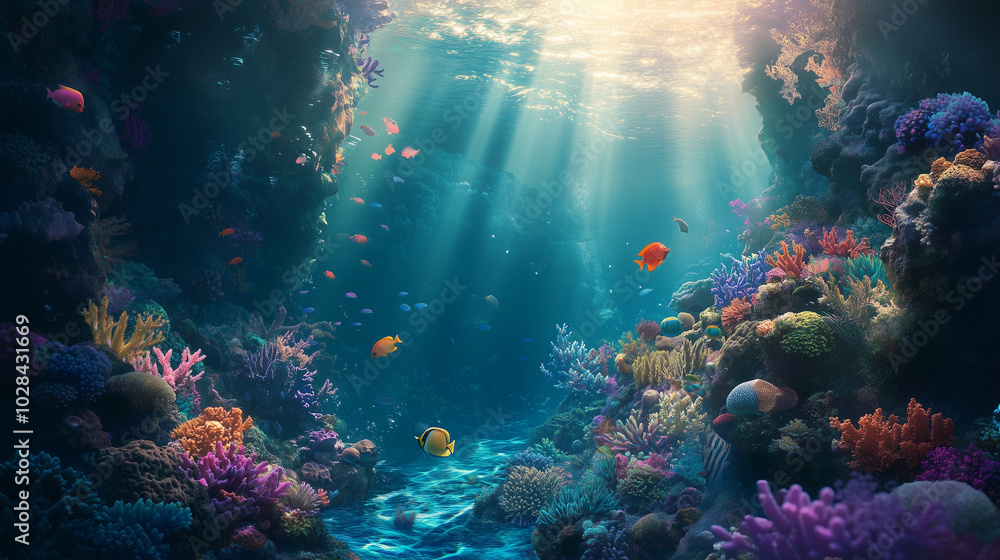 Vibrant Underwater Coral Reef Scene with Sunbeams and Tropical Fish in a Tranquil Ocean Environment Vibrant Underwater Coral Reef Scene with Sunbeams and Tropical Fish in a Tranquil Ocean Environment