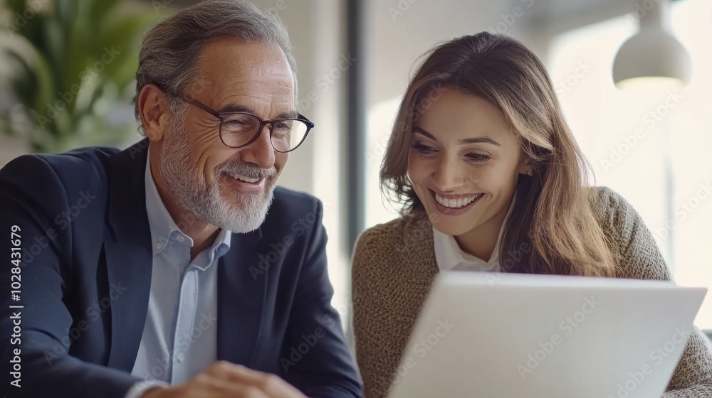 Fototapeta premium Business team of two executives working together using laptop in office. Happy young business woman manager showing project presentation to mature man client, investor or partner at work meeting.