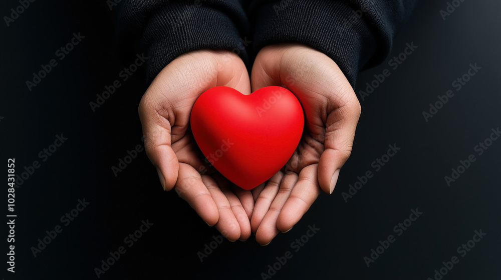 Close-up of hands holding a red heart-shaped object on a dark background, symbolizing love and care. Close-up of hands holding a red heart-shaped object on a dark background, symbolizing love and care.