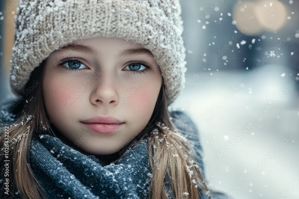 portrait of a young girl in the snow with a hat portrait of a young girl in the snow with a hat