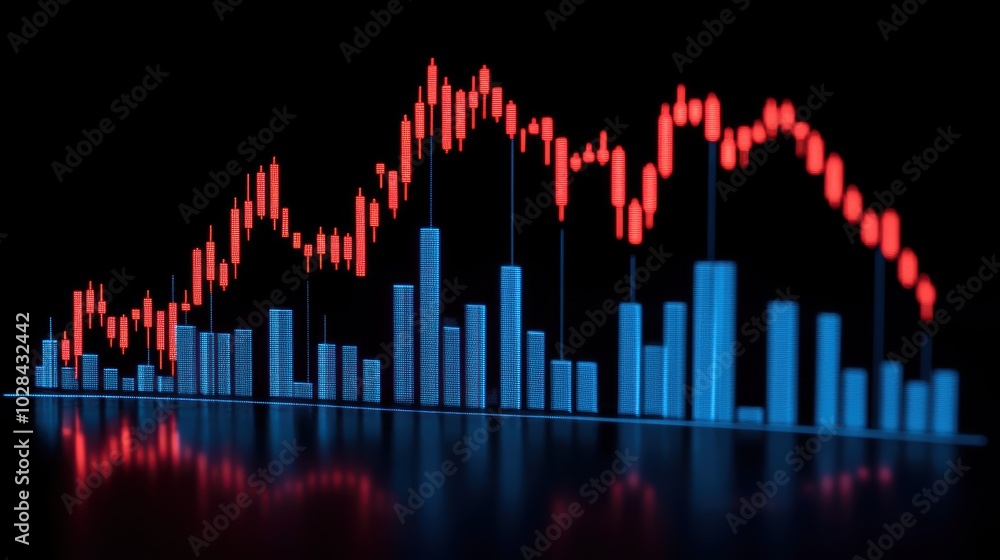 A digital stock market chart featuring glowing red and blue bars and candlestick patterns against a black background, representing financial data trends. A digital stock market chart featuring glowing red and blue bars and candlestick patterns against a black background, representing financial data trends.