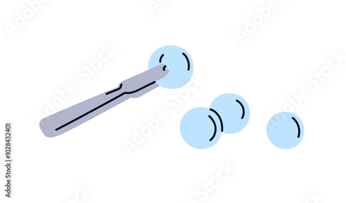 Tongs picking frozen ice balls, round circle shaped cold blocks for cool beverage preparation. Kitchen tool, bar accessory taking and serving. Flat vector illustration isolated on white background