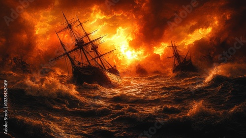 Ships sailing through a turbulent, fiery sea during a stormy battle, with intense flames and dramatic ocean waves crashing.