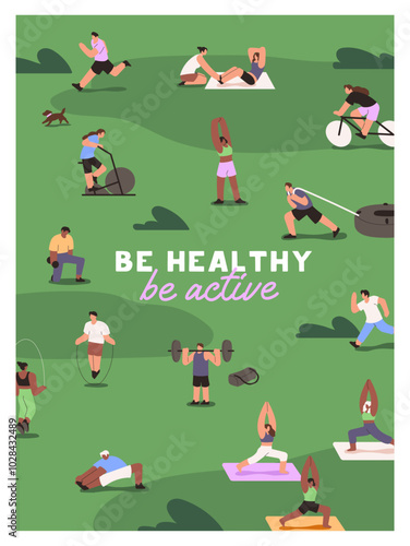 Design of motivation poster to be healthy with active lifestyle. Inspiration to do street workout, sports exercises outdoors. People training, do fitness in public park. Flat vector illustration