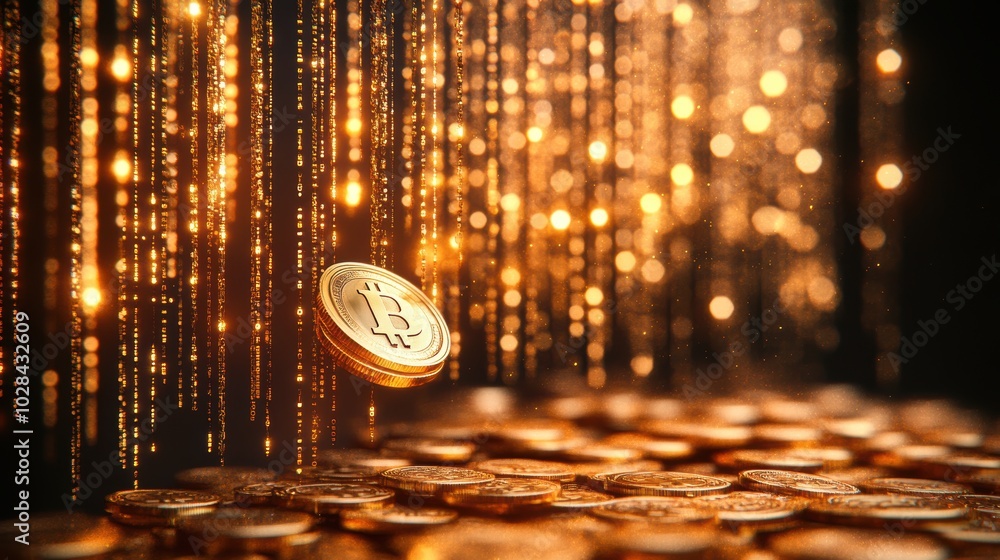 A glowing golden Bitcoin floats amidst shimmering digital lights, symbolizing cryptocurrency, blockchain technology, and the future of finance. A glowing golden Bitcoin floats amidst shimmering digital lights, symbolizing cryptocurrency, blockchain technology, and the future of finance.