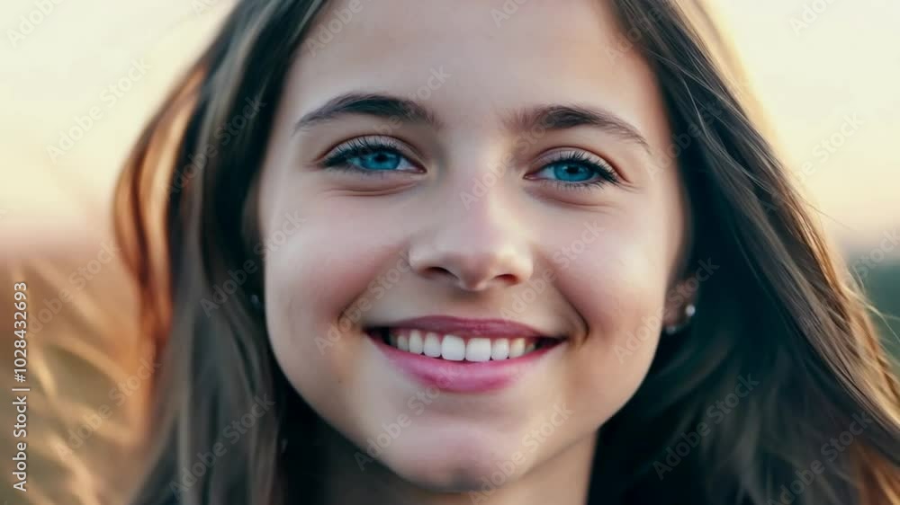 Smiling beautiful girl face with blue eyes and long hair. Generative AI Smiling beautiful girl face with blue eyes and long hair. Generative AI