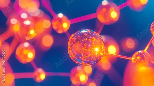 Glowing Orange Molecular Structure Model Illuminates Dark Blue Background