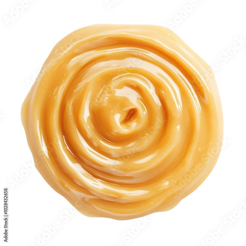 Honey Mustard Sauce Swirl Isolated on White: Ultra Realistic UHD Top View with Clear Contours, High Contrast, and Lifelike Accuracy for Commercial Use.