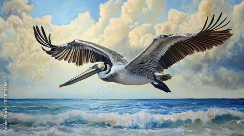 Brown Pelican Flying Over Ocean with Cloudy Sky