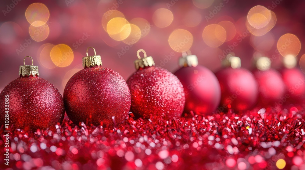 A festive arrangement of glittery red Christmas ornaments lined up on shimmering tinsel, with a soft bokeh background of holiday lights. A festive arrangement of glittery red Christmas ornaments lined up on shimmering tinsel, with a soft bokeh background of holiday lights.
