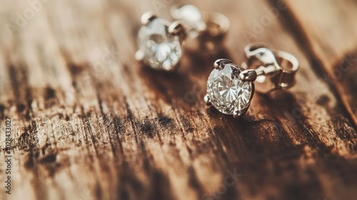 Wallpaper Mural Elegant Diamond Earrings on Rustic Wood Surface Torontodigital.ca