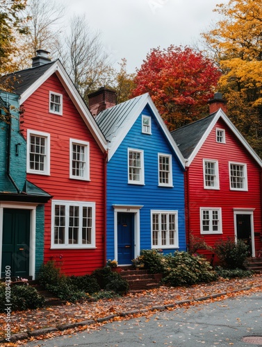 Charming row of brightly colored houses featuring vibrant red accents against a clear blue sky.