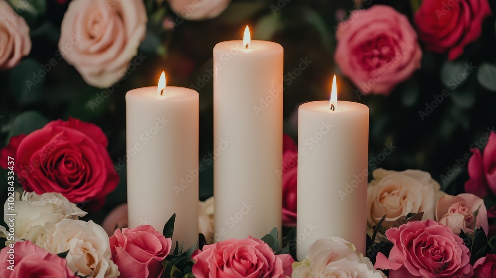 Candles Surrounding a Floral-Adorned Altar, Evoking a Spiritual and Sacred Atmosphere Candles Surrounding a Floral-Adorned Altar, Evoking a Spiritual and Sacred Atmosphere