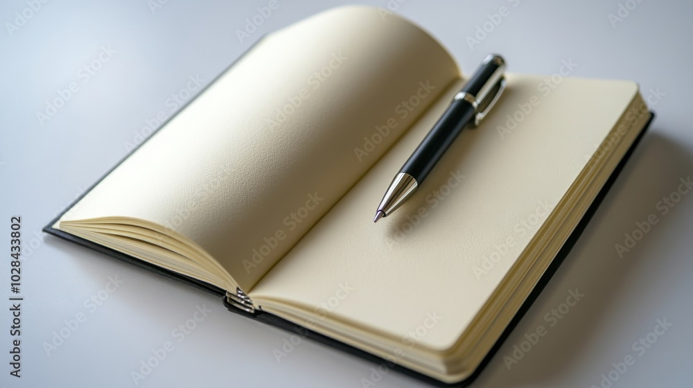 An open notebook with blank cream-colored pages and a black pen resting on top, inviting creativity and writing, set against a minimal background. An open notebook with blank cream-colored pages and a black pen resting on top, inviting creativity and writing, set against a minimal background.