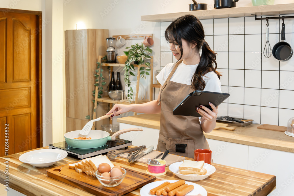 An Asian woman is checking her work schedule for the day and making breakfast. An Asian woman is checking her work schedule for the day and making breakfast.