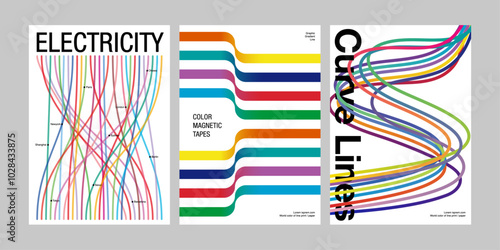 Template poster colorful lines set concept metro trip dynamic curve wavy line cover print flyer page color gradient graphic design collection abstract geometry stylish trendy modern urban style