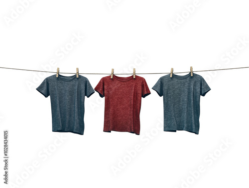 Five colorful T-shirts hanging on a clothesline with clothespins, isolated on white background PNG transparent.