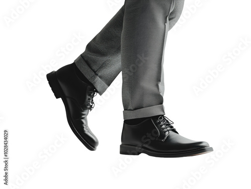 Man walking in black leather formal shoes with grey pants, isolated on white background PNG transparent.