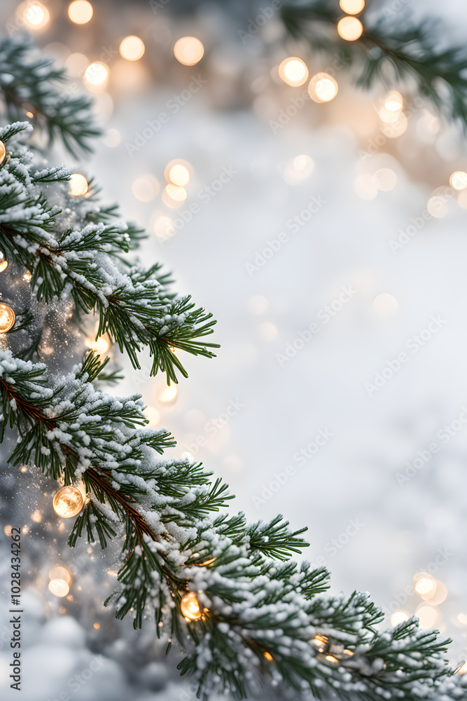 Christmas background with fir branches snow and lights