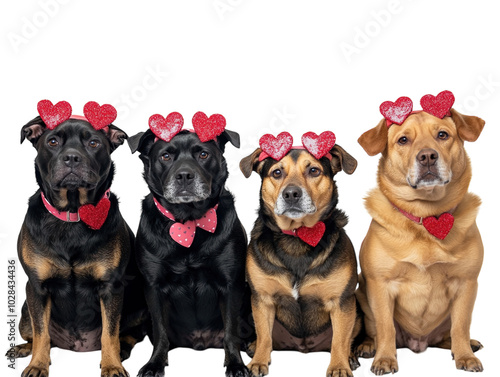 Group of five dogs wearing headbands with red hearts, white background.   PNG transparent. photo