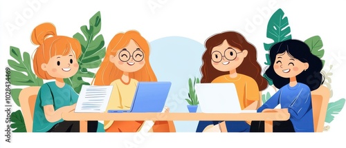 Four Friends Collaborating in a Bright Workspace Together