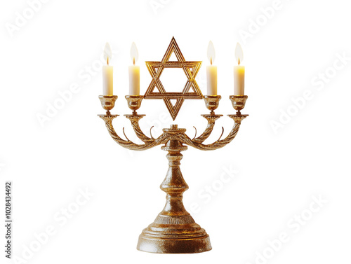 A golden menorah with lit candles, featuring the Star of David at the base, white background.   PNG transparent. photo