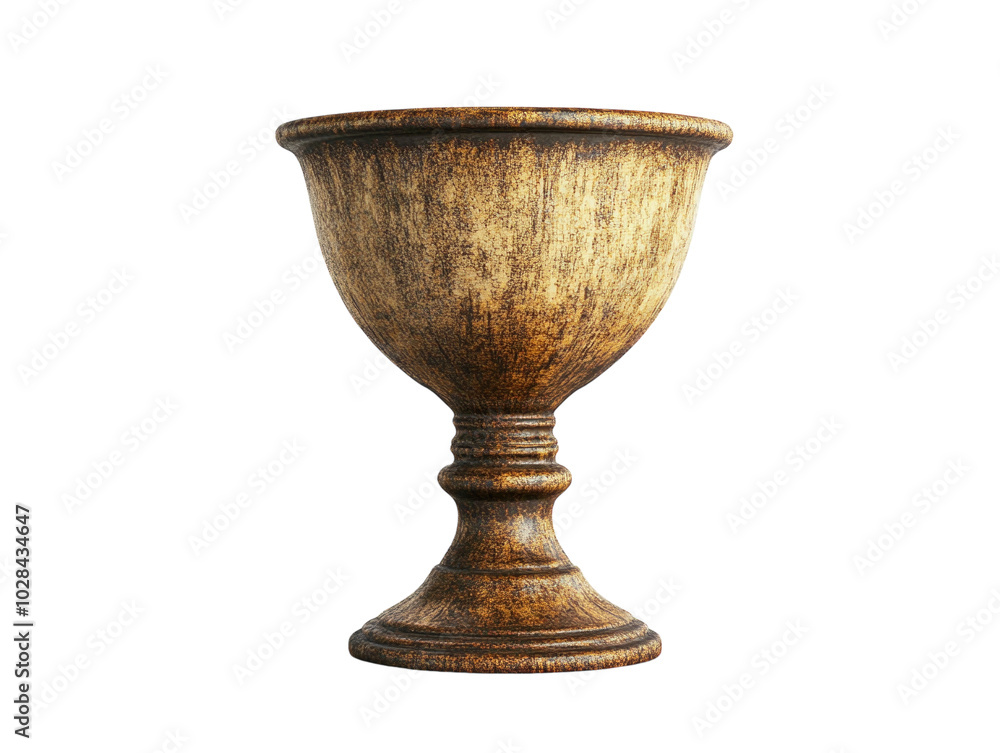 An antique golden chalice with a rustic look, isolated on a white background.   PNG transparent.