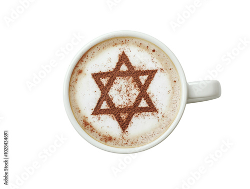 Cup of coffee with a Star of David design made with cinnamon on the foam.   PNG transparent. photo