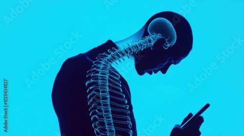 Posture Decay: A silhouette of a person hunched over a mobile phone, with their neck and spine morphing into rigid, jagged lines