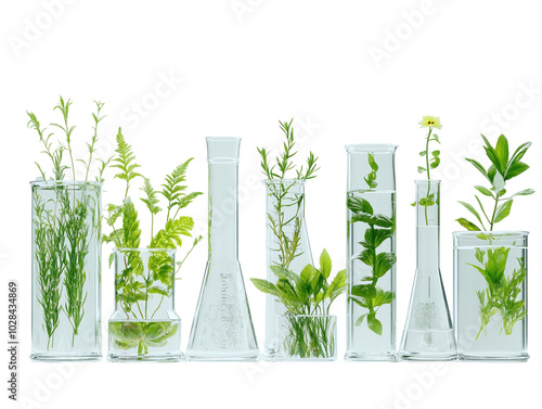 Various green plants placed in glass laboratory flasks filled with water, white background.   PNG transparent. photo