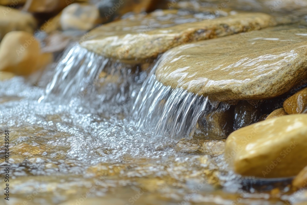 Close-up of a small waterfall flowing over smooth, flat stones. Close-up of a small waterfall flowing over smooth, flat stones.