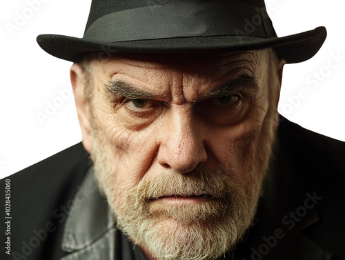 Man wearing a black hat and traditional sidelocks, with a quirky facial expression, white background. PNG transparent.