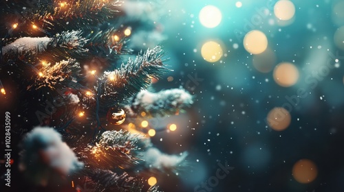 Wallpaper Mural Christmas winter blurred background. Xmas tree with snow decorated with garland lights, holiday festive background. Widescreen backdrop. New year Winter art design, wide screen holiday border Torontodigital.ca