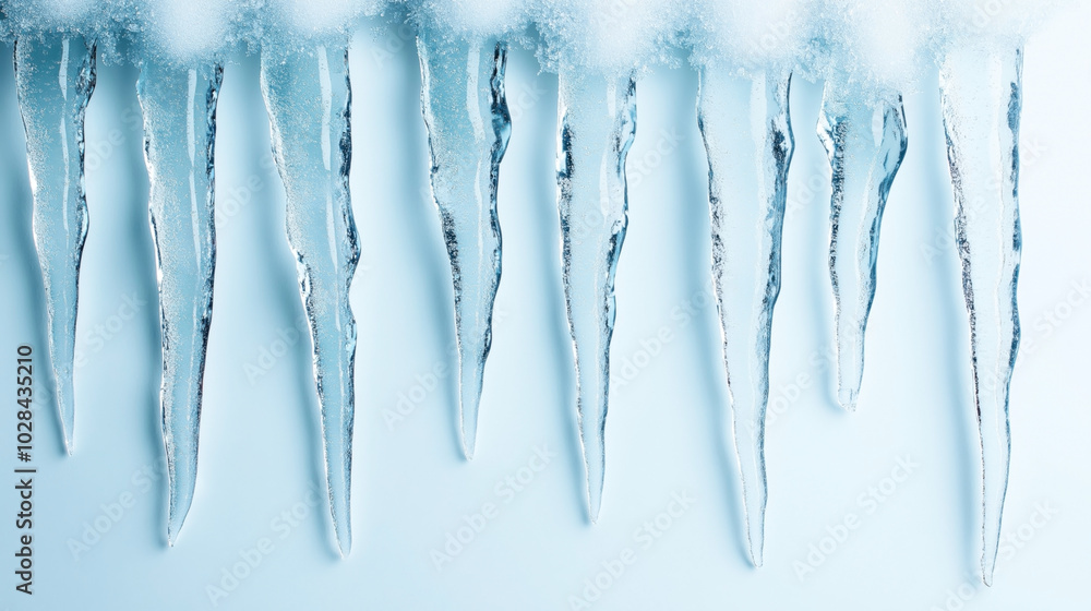 Fototapeta premium Row of clear icicles hanging against a light blue background with visible frost and snow at the top edge.