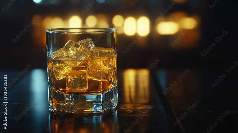 A glass of Irish whiskey with ice cubes placed on a dark wood table A glass of Irish whiskey with ice cubes placed on a dark wood table