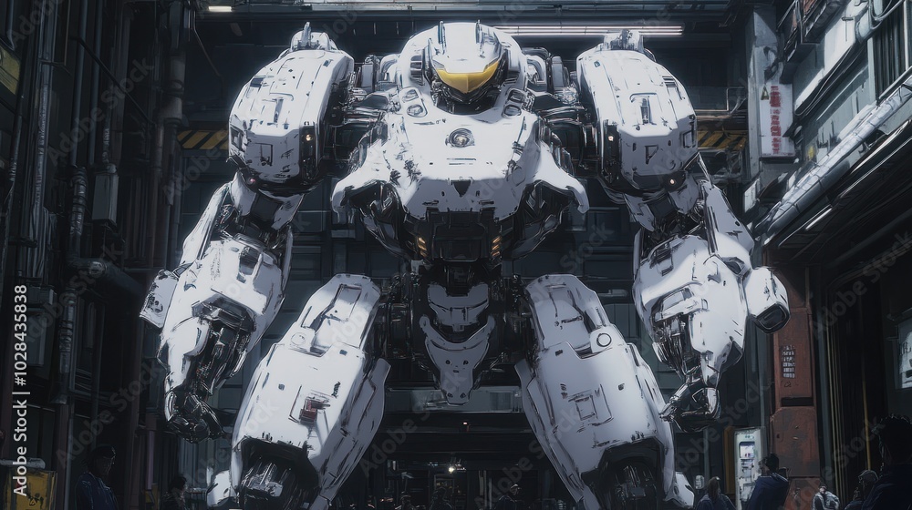 Fototapeta premium A White Mech Stands in a Futuristic Urban Alleyway