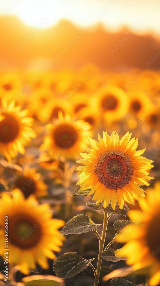 Obraz premium A close-up of a sunflower field at sunse