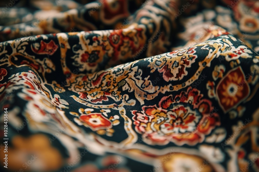 Close-up of a soft, colorful fabric with a paisley pattern. Close-up of a soft, colorful fabric with a paisley pattern.